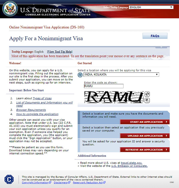 Apply for Nonimmigrant Visa page of U.S. visitor visa application.